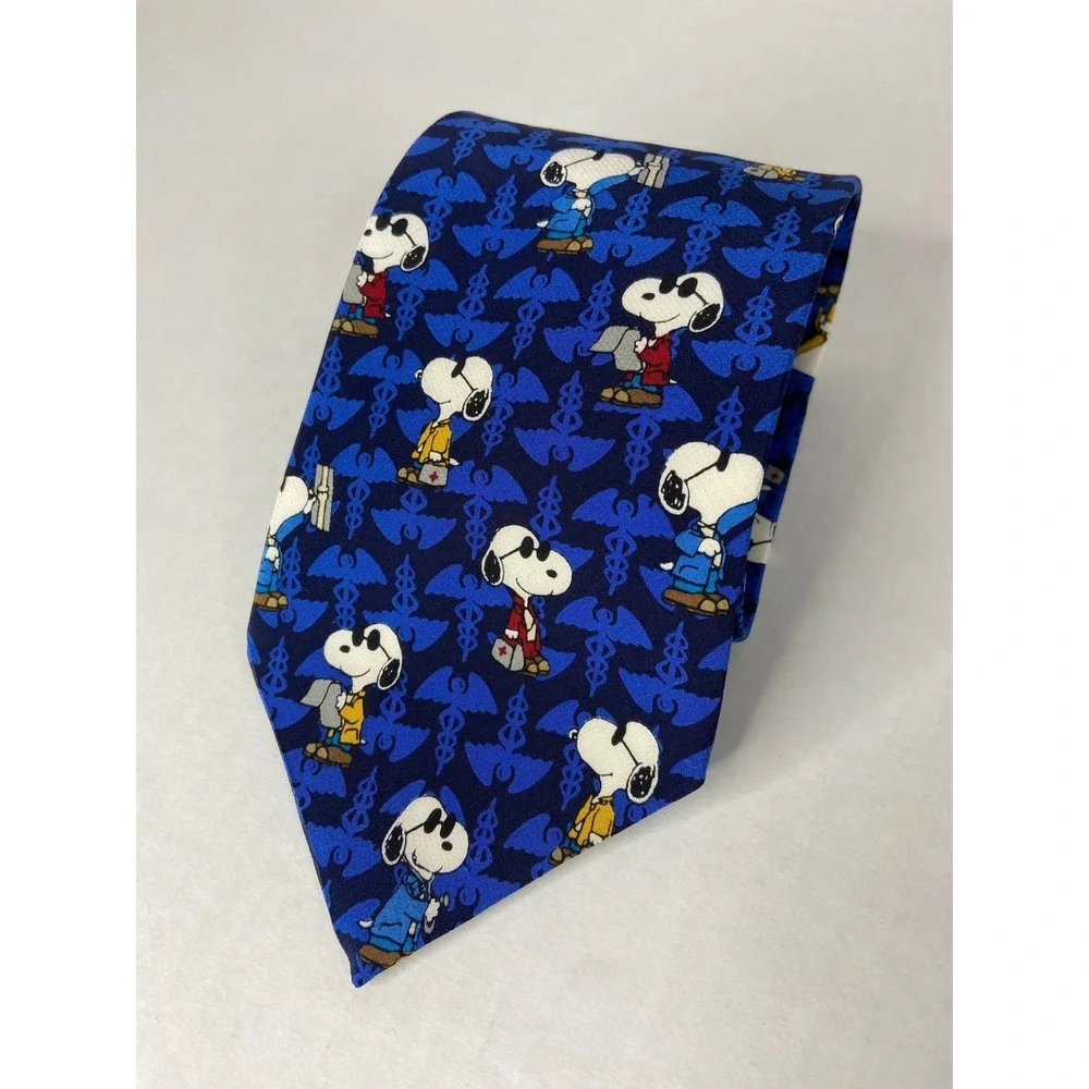 Vintage Snoopy Peanuts Medical Doctor Silk Tie‎ Blue Open Wide Woof RN USA